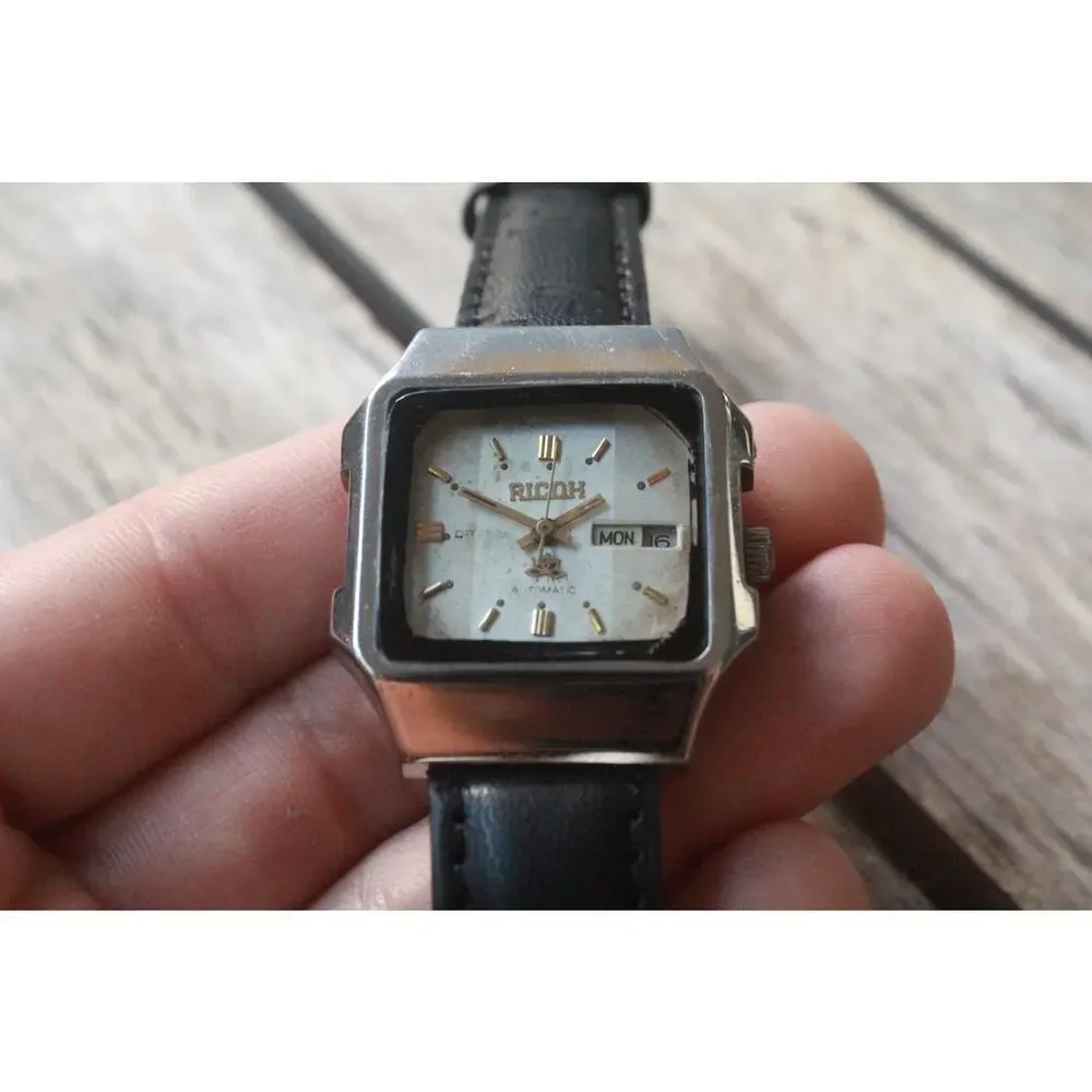 Vintage 1971 Ricoh Square Automatic Mens Silver Watch W/daydate & Gold accents